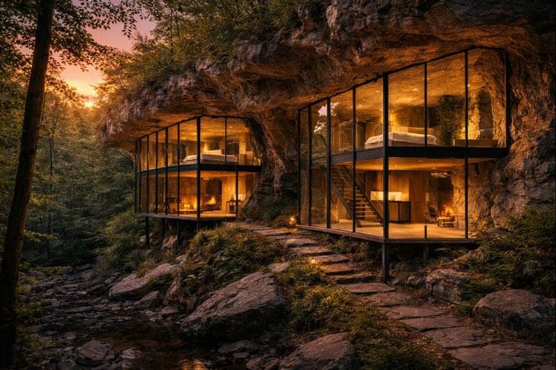 A two-level glass cave suite lit warm at dusk beneath a rock overhang.