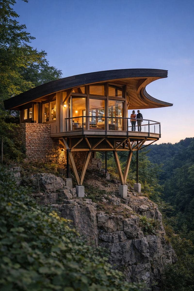 A curved-roof treehouse suite cantilevered over the gorge at dusk, a couple on the deck.