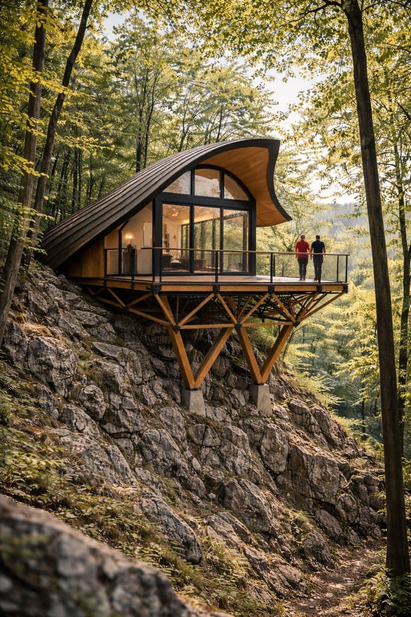 A curved-roof treehouse suite with a couple standing on its deck above the forest