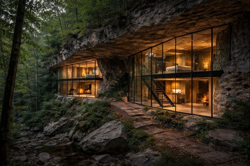 A glass-fronted cave suite set into a cliff at dusk