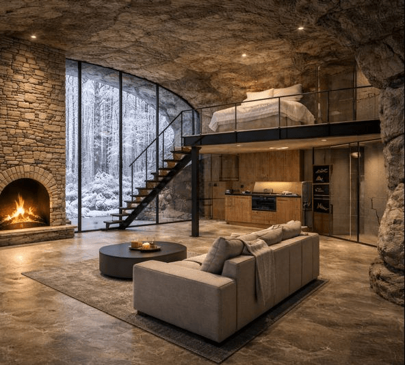 A stone cave suite with a lit fireplace, looking out through glass to a snowy forest