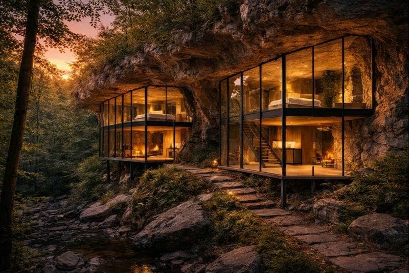 Two cave units at dusk, concept rendering