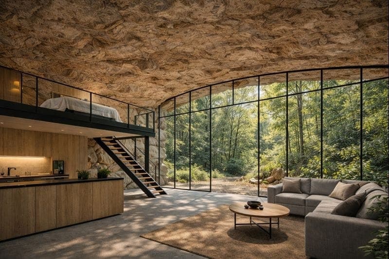 Inside a cave unit looking out, raw rock above and forest ahead
