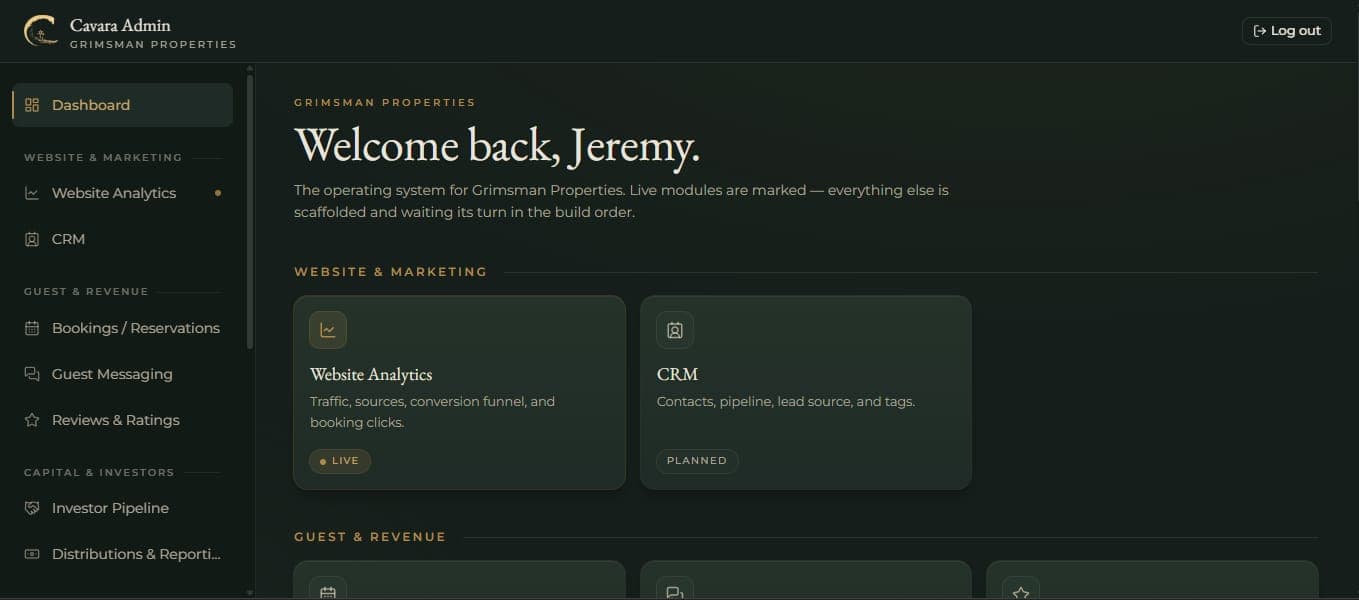 The Cavara admin dashboard, showing a website health module alongside scaffolded placeholder modules