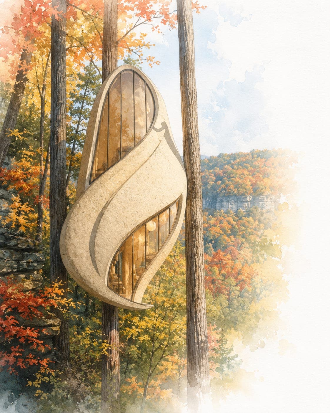 First-look concept rendering of a Cavara treehouse, two shell forms joined by a curved glass seam against the autumn gorge